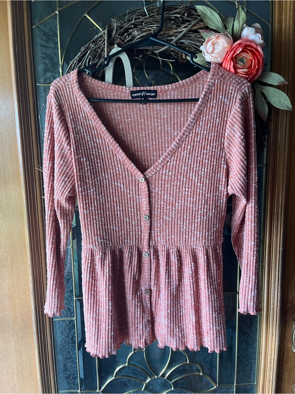 Almost Famous Ribbed V-Neck Button Front Peplum Top - coral